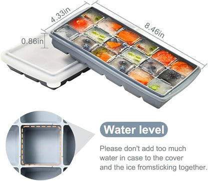 Silicone Ice Cube Tray， Sauton Pack of 2 Ice Cube Mold, 18 Grid Easy Release Flexible Ice Cube Tray with Removable Lid Reusable & BPA Free