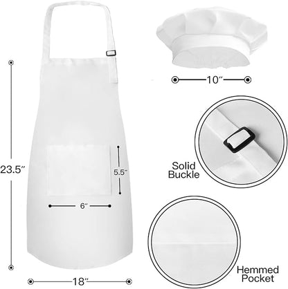 Novelty Place Kid's Apron with Chef Hat Set (3 Set) - Skin-friendly Children’s Bib with Pocket - Cooking, Baking, Painting, Training Wear - Kid's Size (6-12 Year, White)