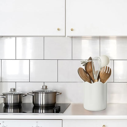 Large Utensil Holder for Kitchen Counter, Ceramic Kitchen Utensil Crock with Protection Cork Mat, Modern Cooking Tools Organizer for Countertop, White