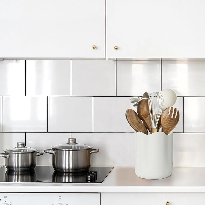 Ceramic Utensil Holder for Kitchen Counter, 6.2" Large Kitchen Utensil Holder for Countertop with Cork Bottom, Cooking Tool Organizer for Spatula, Matte White - Image 4