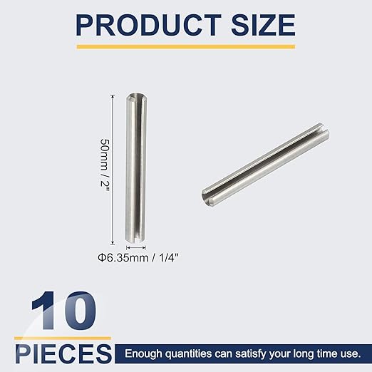 PATIKIL Slotted Spring Pin, 10 Pcs 1/4" x 2" (6.35mm x 50mm) 304 Stainless Steel Split Roll Pins Spring Dowel for Home Improvement Automotive Machine Repair, Silver