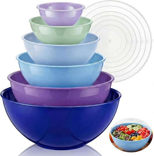LemonRoad 6 Pcs Plastic Mixing Bowl Set with Lids Colorful Serving Bowl Nesting Storage Bowls for Kitchen, Baking, Prepping, Cooking and Serving Food, Dishwasher & Microwave Safe (Dark Blue)
