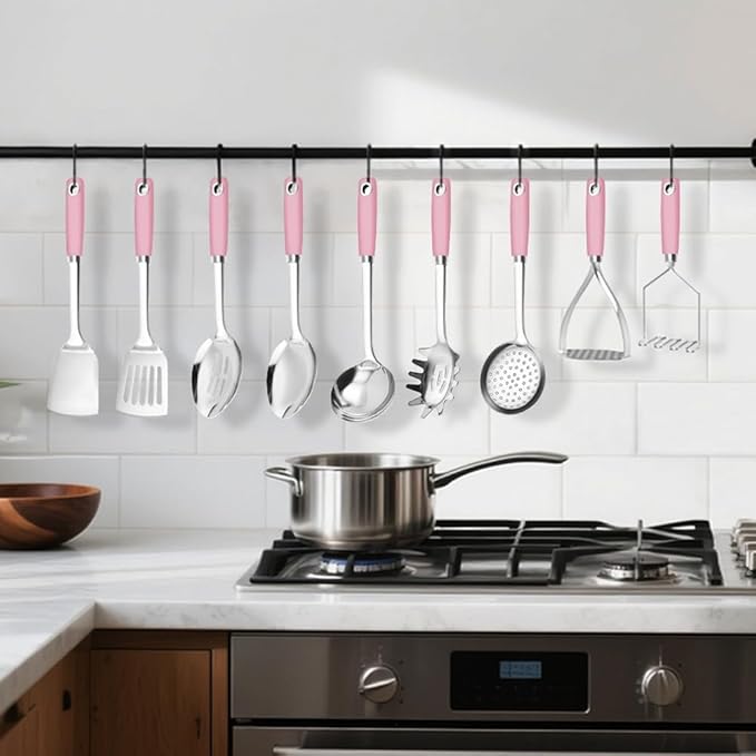 18/0 Stainless Steel Cooking Utensils Set, Heavy Duty Pink Handle for Kitchen Daily Use Party Wedding Housewarming, Dishwasher Safe, 9 Pieces - Image 6