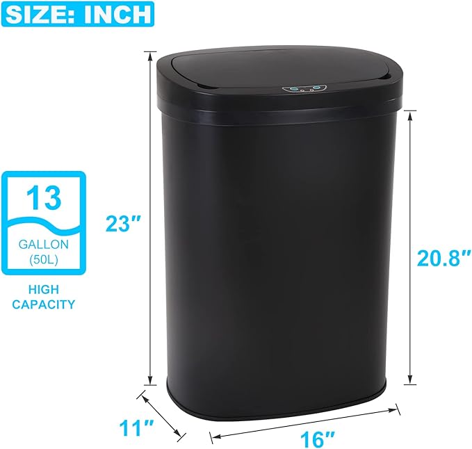 Bigacc Kitchen Trash Can | Stainless Steel 13 Gallon Trash Can | 50L Touch Free Garbage Can with Lid | Electronic Motion Sensor Automatic Trash Bin High Capacity for Kitchen Bathroom Office, Black - Image 2