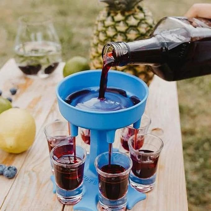 Shot Glasses Dispenser, 6 Way Shot Dispenser with Glasses for Filling Liquids Fun Drinking for College, Camping,Parties and Housewarming Gift (Blue)