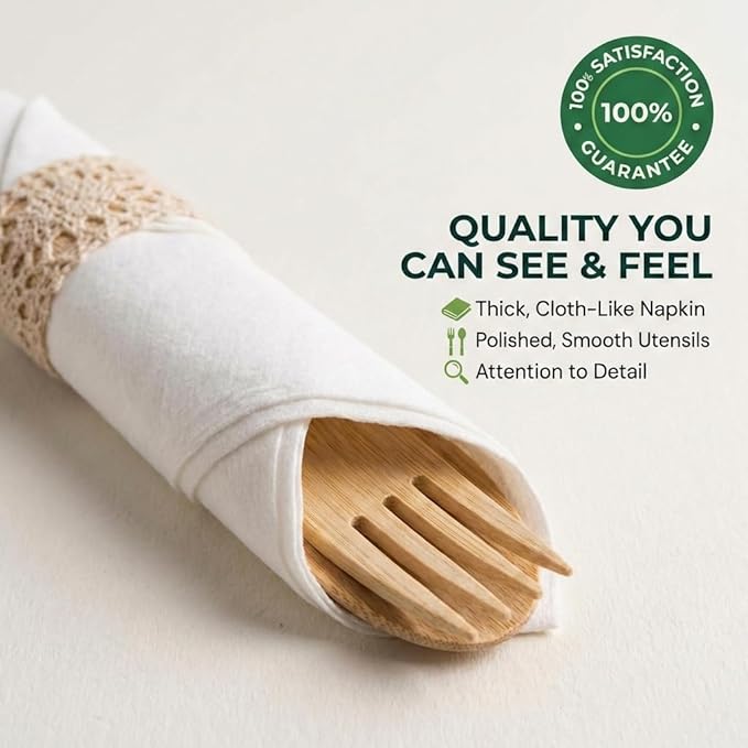 Pre Rolled Napkin and Bamboo Cutlery Set - 100 Pack Bamboo Utensils Wooden Cutlery 100 Forks 100 Knives 100 Spoons 100 Napkins, Pre Wrapped Disposable Silverware Cutlery for Party, Wedding, Events
