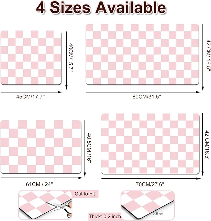 Dish Drying Mat for Kitchen, 16'' x 24'' Checkered Coffee Bar Mat for Countertops, Coffee Station Mat with Non-slip Rubber Backed, Absorbent Dish Dying Pat for Kitchen Counter, Pink & White