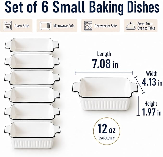6 Pcs Ceramic Baking Dish, 12 Oz Small Casserole Dish with Handle, Porcelain Bakeware Sets, 5 inch Rectangular Lasagna Pans, Baking Serving Dishes for Casserole, Cakes, Dishwasher Oven Safe - Image 3