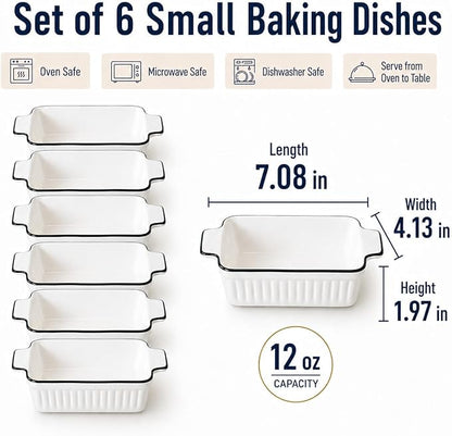 6 Pcs Ceramic Baking Dish, 12 Oz Small Casserole Dish with Handle, Porcelain Bakeware Sets, 5 inch Rectangular Lasagna Pans, Baking Serving Dishes for Casserole, Cakes, Dishwasher Oven Safe - Image 3