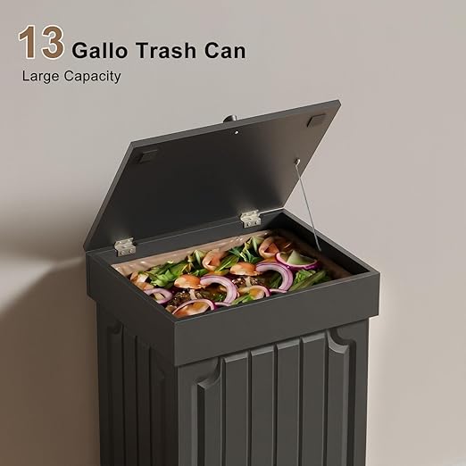 Povrgive Wood Trash Can Cabinet, 13 Gallon Hidden Kitchen Garbage Can with Lid, Farmhouse Dog Proof Trash Can, Metal Ring Included, 16" L x 13" W x 26.5" H, Black - Image 7