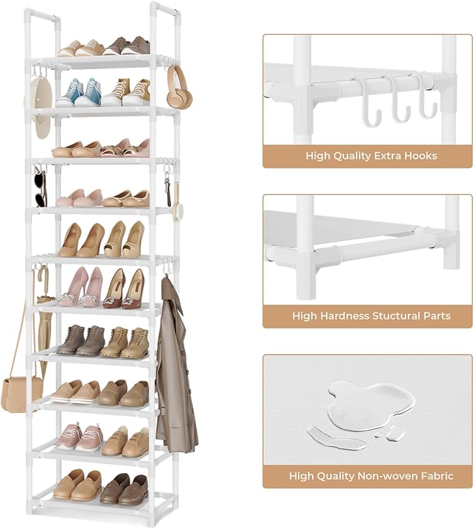 VTRIN 10 Tiers Tall Shoe Rack Holds 20-25 Pairs of Shoes Sturdy Vertical Shoe Organizer with 18pcs Hooks Stackable Narrow Shoe Rack for Closet, Entryway White - Image 4