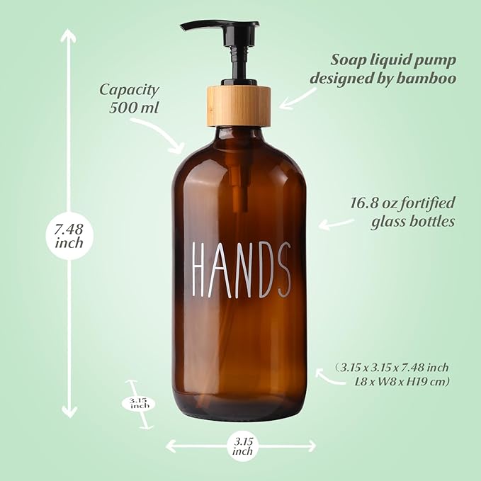LOOCHICA Hand Amber Glass Soap Dispenser with Pump, Amber Hand Soap Dispenser, Refillable Reusable Apothecary Soap Pump Dispenser Bottles for Bathroom and Kitchen Use - Image 3