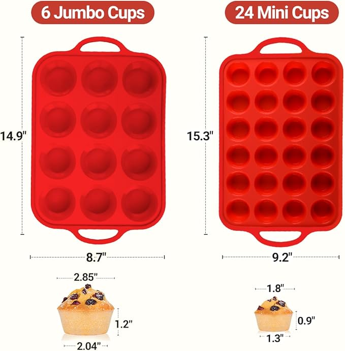 CAKETIME Silicone Muffin Pans for Baking, Metal Reinforced Frame Regular 12 Cups & Mini 24 Cups Cupcake Pan Set Nonstick Muffin Pan for Homemade Baking Easy to Handle