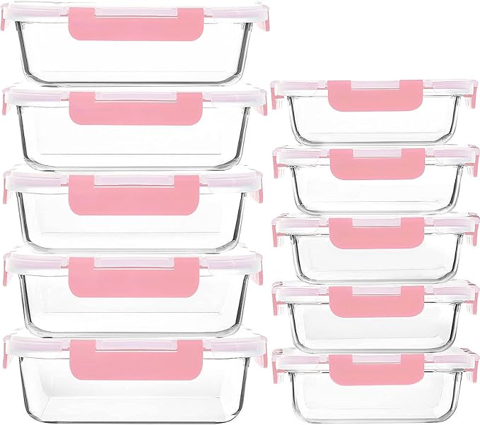 M MCIRCO [10-Pack Meal Prep Containers with Snap Locking Lids, Glass Airtight Lunch, Food Storage Containers, Microwave, Oven, Freezer and Dishwasher Friendly, Pink by MMCIRCO