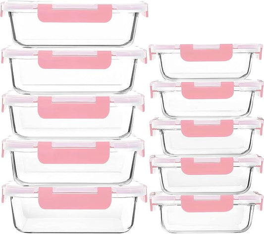 M MCIRCO [10-Pack Meal Prep Containers with Snap Locking Lids, Glass Airtight Lunch, Food Storage Containers, Microwave, Oven, Freezer and Dishwasher Friendly, Pink by MMCIRCO