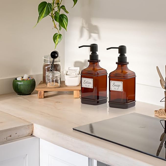 GLADPURE Soap Dispenser 2 Pack, Hand Soap Dispensers with 18 Oz Antique Design Thick Amber Glass Bottle, 316 Rust Proof Stainless Steel Black Pump, 6Pcs Stickers, for Lotion, Soap, Essential Oil - Image 7