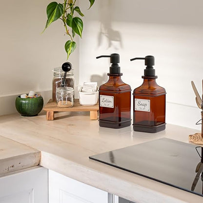 GLADPURE Soap Dispenser 2 Pack, Hand Soap Dispensers with 18 Oz Antique Design Thick Amber Glass Bottle, 316 Rust Proof Stainless Steel Black Pump, 6Pcs Stickers, for Lotion, Soap, Essential Oil - Image 7