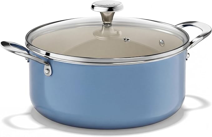 Redchef Ceramic Stock Pot, Induction Cooking Pot with Glass Lid for Soup, 5Qt Stockpot Nonstick Soup Pot, Even Heating, Stay-Cool Handles,Fits All Stoves, Oven/Dishwasher Safe, PFAS Free (Blue) by Redchef
