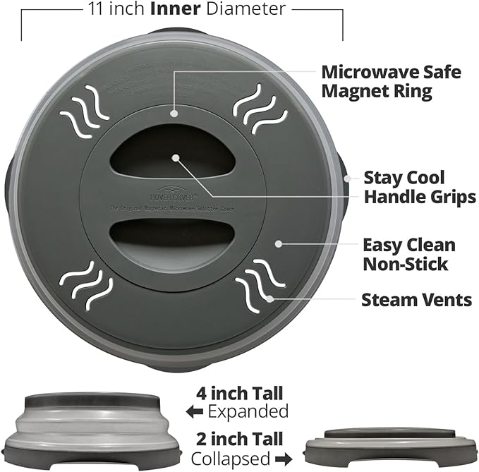 HOVER COVER 2 PACK Magnetic Microwave Splatter Cover with High Power, Strongest Magnetic Grip, Collapsible 12-Inch BPA-Free Food Lid, Vented Plate Guard, Dishwasher Safe, Space-Saving Storage - Gray - Image 7