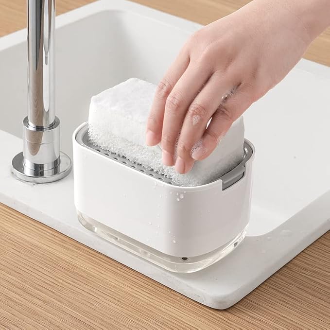 Kitchen Dish Soap Dispenser with Sponge Holder, 2-in-1 Countertop Soap Pump Dispenser, Soap Dispenser for Kitchen Sink with 2-Packs Wire Dishwashing Rag,White - Image 3