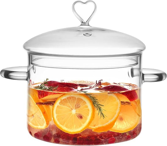 2 L Glass Cooking Pot with Lid, Simmer Pot for Stove Potpourri, Save Energy, Heat Resistant, for Water-based Recipes. Heart Shape Lid, Clear,2000ml(68oz)