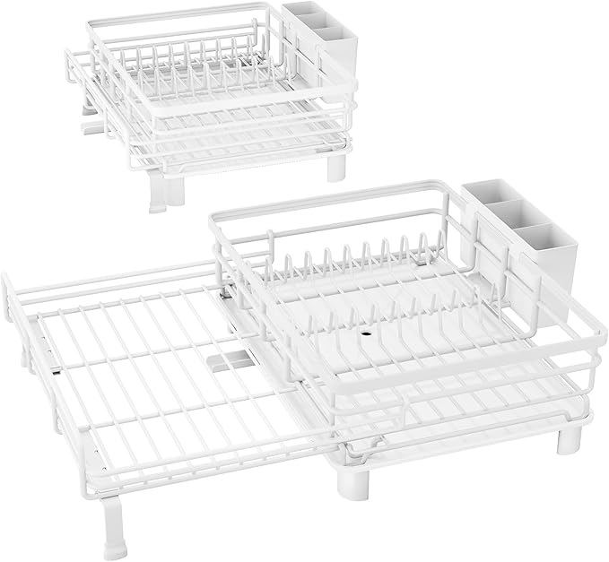 SNTD Dish Drying Rack - Extendable Dish Rack, Large Sink Drying Dish Drainer for Kitchen Counter, Stainless Steel Dish Strainer with Utensil Holder (White) - Image 9