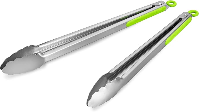 304 Stainless Steel Kitchen Cooking Tongs, 14" and 16" Set of 2 Sturdy Grilling Barbeque Brushed Locking Food Tongs with Ergonomic Grip, Green by ALLWIN-HOUSEWARE