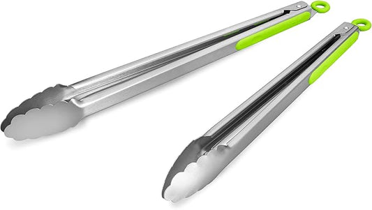 304 Stainless Steel Kitchen Cooking Tongs, 14" and 16" Set of 2 Sturdy Grilling Barbeque Brushed Locking Food Tongs with Ergonomic Grip, Green by ALLWIN-HOUSEWARE