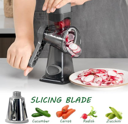 Cheese Grater Hand Crank Rotary Vegetables Shredder with Handle, 3-in-1 Graters with Interchangeable Blades and Non-slip Base Multifunctional Slicer for Kitchen - Image 5