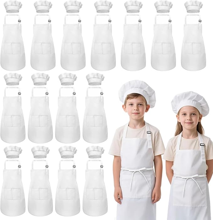 Kids Apron and Chef Hat Set, 30 Pieces Boys Girls Kids Apron with 2 Pockets Adjustable for Cooking Classroom Baking Painting, 6-13 Years, White