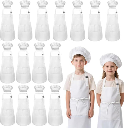 Kids Apron and Chef Hat Set, 30 Pieces Boys Girls Kids Apron with 2 Pockets Adjustable for Cooking Classroom Baking Painting, 6-13 Years, White