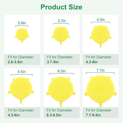 Silicone Stretch Lids – 6 Pack Reusable Food Covers,Flexible Silicone for Bowls, Containers, Fruits – Airtight & Leakproof Seal for Kitchen Storage(yellow)