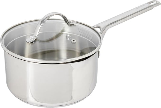 GoodCook Stainless Steel Sauce Pan with Strainer Lid Oven-Safe to 500F & Induction-Safe Compatible with All Stovetops 3-Layer Construction for Even Heating PTFE & PFOA Free, 2.5-Quarts, Silver