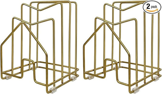 2 Pack Pot Lid Organizer Cutting Board Holder Inside Cabinet 304 Stainless Steel Pot and Pan Organizer Under Cabinet Cookie Sheet Bakeware Serving Tray Cooling Rack Stand Kitchen Countertop Matte Gold by SUNFICON