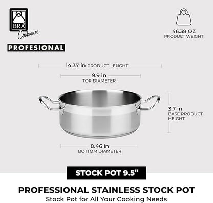 BRA COOKWARE Profesional 18/10 Stainless Steel Stock Pot w/Glass Lid | 9.5 Inch 4 Quart Professional Cooking Pot | 5.5mm Thick Base | PFOA Free Deep Pot | All Cooktops | All Cooktops & Oven Safe
