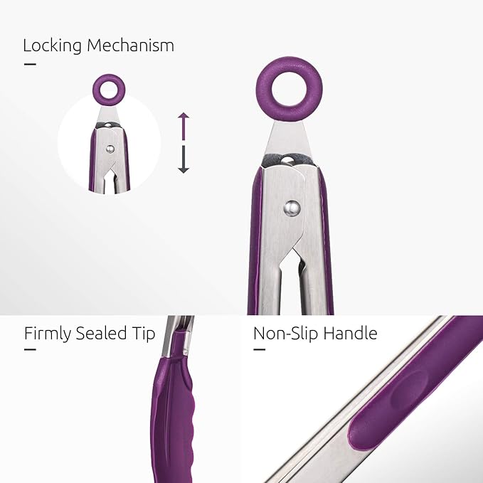U-Taste Kitchen Tongs, 7/9/12 inches Cooking Tongs, with 600ºF High Heat-Resistant Non-Stick Silicone Tips, 18/8 Stainless Steel Handle, for Food Grill, Salad, BBQ, Frying, Serving, Pack of 3(Purple) - Image 6