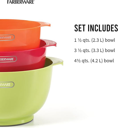 Farberware - 5216128 Farberware Professional Plastic Mixing Bowls, Set of 3, Orange/Red/LightGreen - Image 3