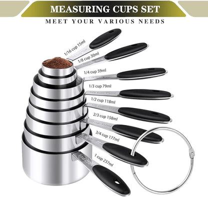 Measuring Cups & Spoons Set of 16, BOBIPRO Stainless Steel 8 Nesting Measure Cups Set & 7 double-sided Magnetic Measuring Spoons Set & 1 Leveler for Dry and Liquid Ingredient - Image 2