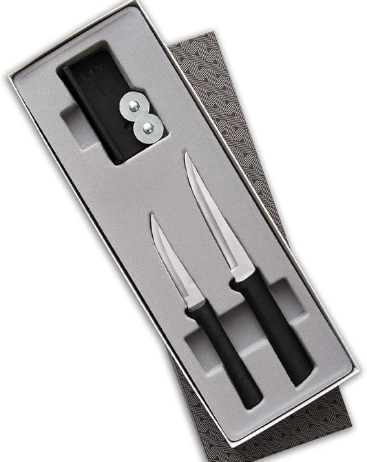 Rada Cutlery Paring Plus Sharpener Set (G236), 3-Piece Knife Set with Quick Edge Knife Sharpener, Stainless Steel Blades, Black Handle