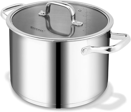 Rorence Stainless Steel Stock Pot, Tri-Ply Base Large Pot Induction Cooking Pot with Lid for All Stoves, Oven & Dishwasher Safe, 8-Quart