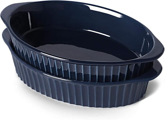LEETOYI Porcelain Small Oval Au Gratin Pans, Baking Dish Set for 1 or 2 person servings, Bakeware with Double Handle for Kitchen and Home, Set of 2 (Navy) by LEETOYI