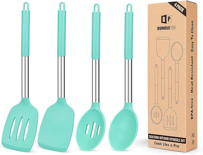 Pack of 4 Silicone Cooking Utensils Set, Non Stick Large Solid Spatulas, Heat Resistant Blue Slotted Spoons, Ideal BPA Free Kitchen Turners for Frying, Mixing,Serving,Draining,Turning,Stirring by BUNDLEPRO