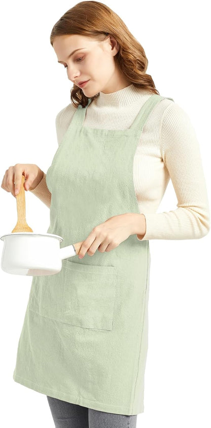 ELEZAY Aprons for Women with Pockets Plus Size Comfort Cross Back No Tie Cotton Linen Apron Pinafore