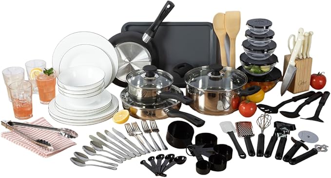 Gibson Home 74 Piece Kitchen in a Box Pots and Pans Cookware, Plates and Bowls Dinnerware, Cutlery Knife Block, Flatware Utensils, Tools & Gadgets, Storage, Glasses Set by GibsonHomewares