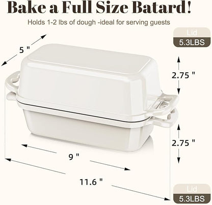 Enameled Cast Iron Sourdough Bread Dutch Oven, Cast Iron Loaf Bread Pan for Homemade Bread Baking, 2PCS 8.5 x 4.5 Inch Meatloaf Pan with Lid, Oven Safe, Cream