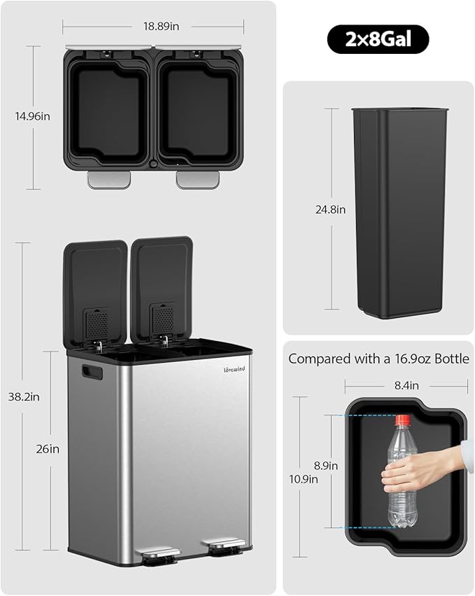 Lovewind Kitchen Trash Can, 2 x 8 Gallon (2 x 30 L) Stainless Steel Trash and Recycle Bin Combo with Soft-Close Lid, Dual Compartment Recycling Kitchen Step Trash Bin, Silver - Image 6