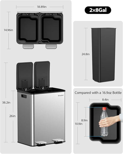 Lovewind Kitchen Trash Can, 2 x 8 Gallon (2 x 30 L) Stainless Steel Trash and Recycle Bin Combo with Soft-Close Lid, Dual Compartment Recycling Kitchen Step Trash Bin, Silver - Image 6