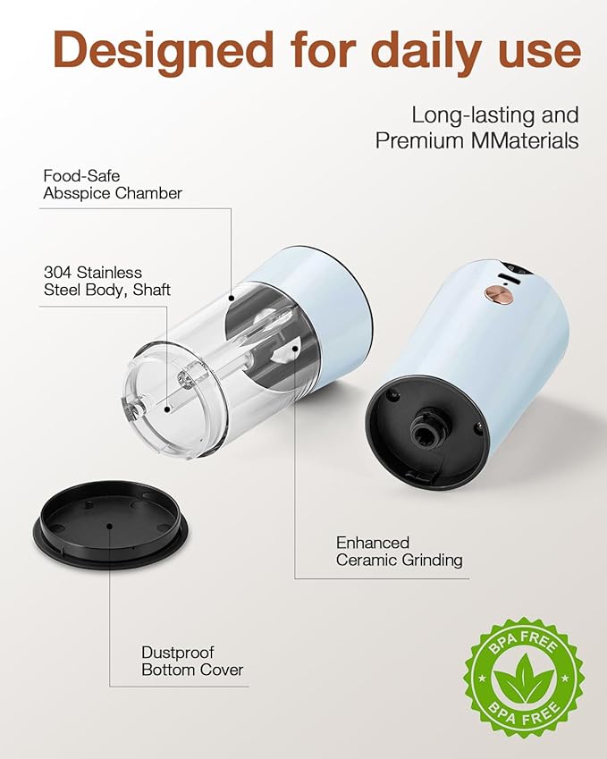 Gravity Electric Salt and Pepper Grinder Set 2-Pack - USB-C Rechargeable Base, Auto LED Light for BBQ/Camping, Adjustable Coarseness & Large Capacity - Stainless Steel (Morning Haze)