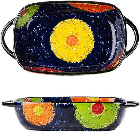 Vintage Style Pottery Bakeware Colorful Daisy Pattern Ceramic Casserole Dish Baking Pan Lasagna Pans Baking Dish with Handles from Oven to Table Plate-1 PCS, 22 OZ by Bicuzat