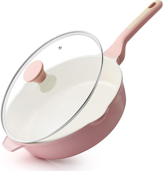 SENSARTE Nonstick Ceramic Skillet with Lid 11-inch, 4.5QT Non Toxic Deep Frying Pan, Saute Pan with Lid, Stay-cool Handle, Healthy Cooking Pot, Induction Compatible, Pink by SENSARTE